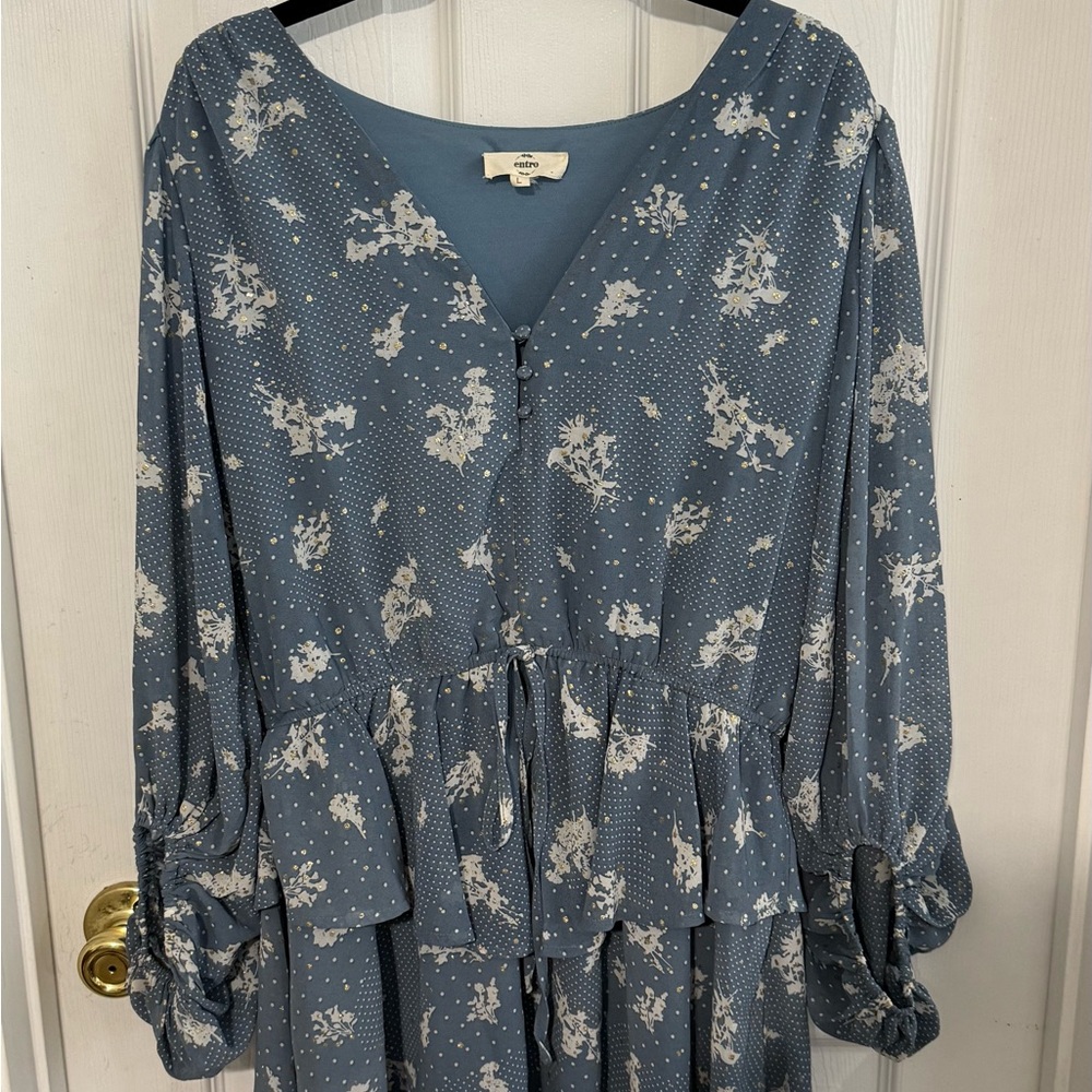 Entro Blue Ruffled 3/4 Sleeve Blouse